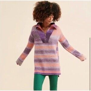 Anthropologie Sweater Dress Womens S Purple Striped Half Zip Mock Neck Tunic NWT